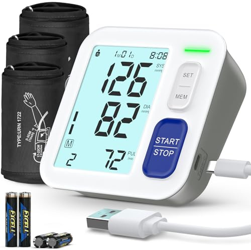 Blood Pressure Machine Upper Arm, 3 Size Cuffs Included, Small 7-9, Medium 9-17 and Extra Large XL Cuff 13-21, Accurate Automatic Digital BP Monitor Home Use, Large Backlit LCD, 3 Users