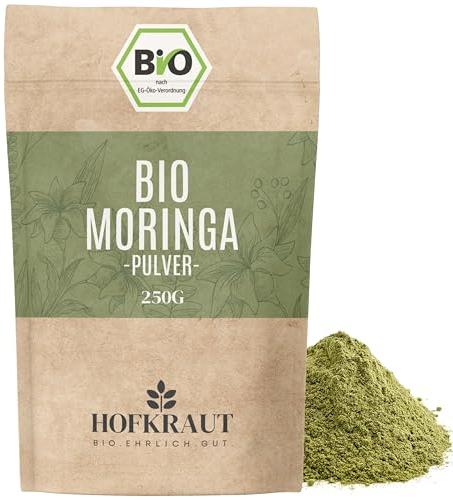 HOFKRAUT | BIO Moringa Pulver 250g | 100% Rückstandskontrolliert | Rohkostqualität | BIO Moringa Oleifera Blattpulver | Meerrettichbaum | Ideal für Smoothies, Säfte und gesunde Rezepte