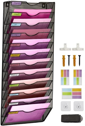 ideallife Wall Mounted Document Holder, A4 Mesh in Tray Wall Pocket File Holder Mail Organiser Magazine Storage Rack, 12 Tier Desk Tidy Stationary Organiser A4 Paper Storage for School Home and Office