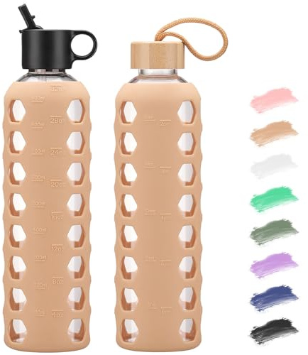 BLUEGO Glass Water Bottle, 900ml Borosilicate Drinking Bottle with 2 Lids-Handle Flip Straw Lid&Bamboo Lid, Motivational Water Bottle with Time Marker and Silicone Sleeve, Leakproof, Amber
