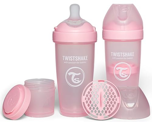 Twistshake 2x Pro Double Anti-Kolik Babyflasche mit Milchpulverbehälter - 330 ml | Brustähnliche Brustwarze aus Silikon mit schnellem Durchfluss | BPA-freie | Geeignet für Babys ab 4m+ | Rosa