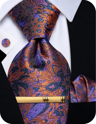 YourTies Cravate en soie pour homme, motif écossais, motif cachemire, avec motif floral, boutons de manchette carrés et pince à cravate, ensemble de pinces à cravate pour les fêtes, Taille unique