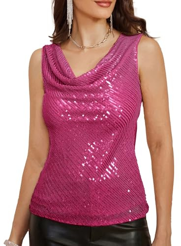 Women Sequin Sleeveless Cowl Neck Vest Clubbing Party Vest Cocktail Prom Birthday Blouse Rose Red XL