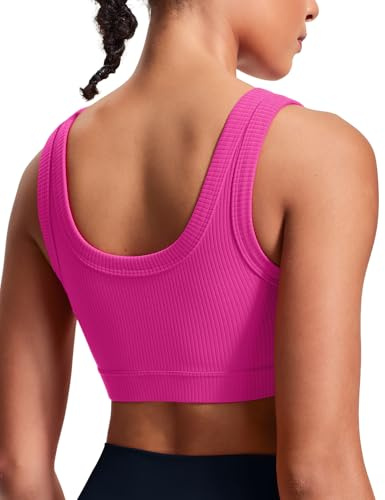 HeyNuts Ribbed Sports Bras for Women, U Back Wireless Medium Impact Workout Athletic Basic Gym Yoga Tops Padded with Built in Bras Sonic Pink M