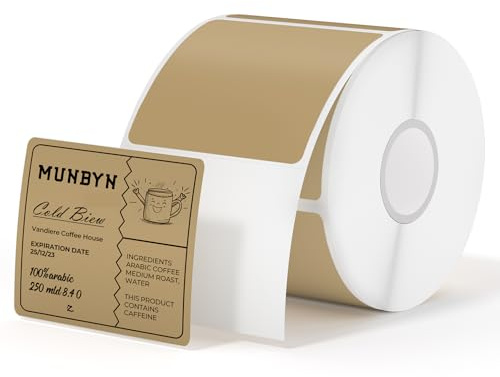 MUNBYN Etiquetas Térmicas Cuadradas 2x2, Compatibles con Múltiples Impresoras Térmicas, Adhesivo Fuerte, Etiquetas Blancas para Direcciones y Códigos de Barras, 750 Hojas/Rollo, Marrón