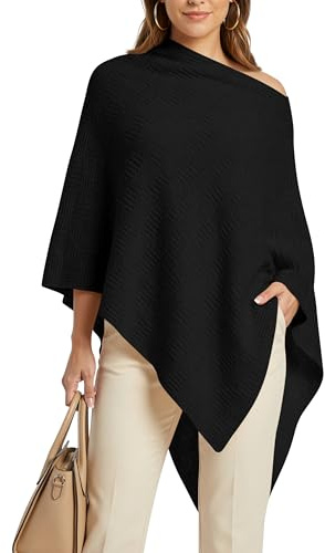 AlisOker Wool Blend Poncho Sweaters for Women Soft Textured Knit Lightweight Asymmetrical Tops Long Shawl Cape Pullovers 2026 Black