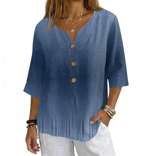 Cotton Linen Shirts for Women Fitted Button Down V Neck Cap Sleeve Floral Print Women's Tops Dressy 2026 Spring Summer Cute Skinny Blouses for Work Dressy Outdoor Hiking Lightweight Tees Dark Blue L