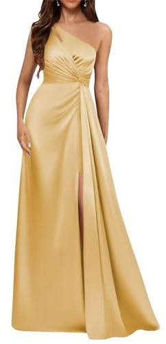 KIYNE Vestido de dama de honor de un hombro para mujer, plisado, sin mangas, de satén, formal, vestido de noche, dorado, 44