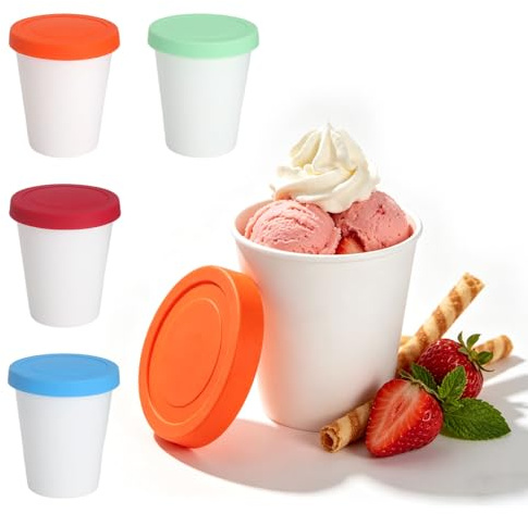 Recipientes para Helado, Set Tarros para Helado 250ml Recipientes Congelador con Tapa para Alimentos Hermético Reutilizable 4 Colores Control de Porciones para Helado Casero Yogur Postres Picnic