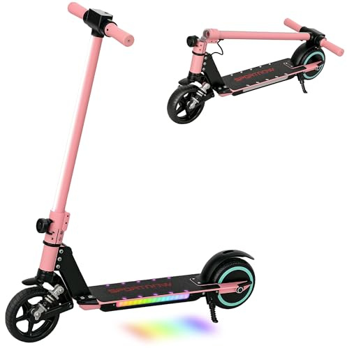 SPORTNOW Electric Scooter for Kids, Foldable Scooter for Age 6-14 with Dual Brakes, Up to 14 KM/H, Maximum Range 6 KM, 6.8kg Lightweight, Front Suspension, LED Colourful Lights, Pink