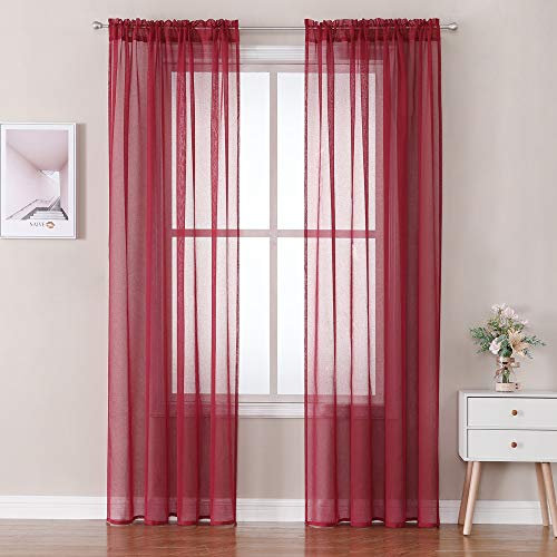 MIULEE 2er Set Sheer Voile Vorhang Stangedurchzug Transparente Gardine Polyester Fensterschal Transparent Wohnzimmer Luftig Dekoschal für Schlafzimmer 140 X 245cm(B x H), Rod Pocket Rot