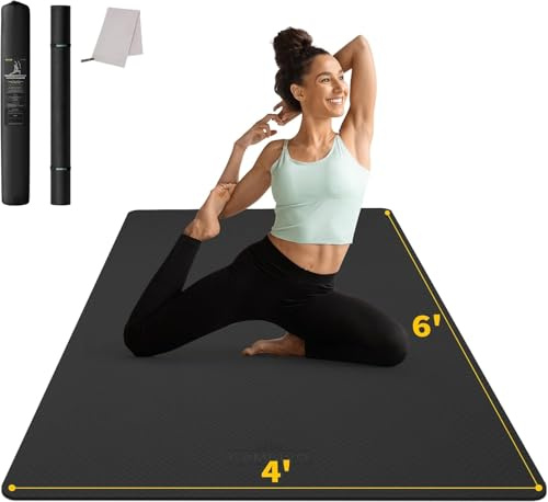 CAMBIVO Extra Wide Exercise Mat for Partner Workouts - 183x122cm Double Width TPE Yoga Mat for Home Gym - Non Slip Large Workout Mat for Pilates and HIIT (Carry Bag and Towel Included)