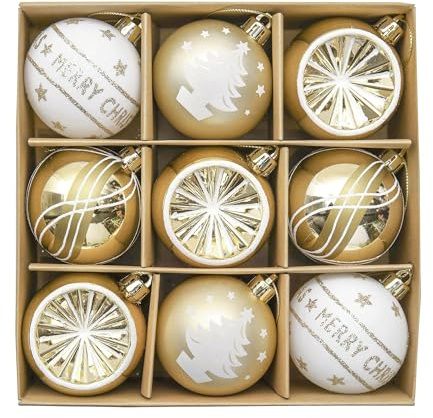 Valery Madelyn Weihnachtskugeln 9 Stücke 6CM Kunststoff Christbaumkugeln Weihnachtsdeko mit Aufhänger Baumschmuck für Weihnachtsdekoration Gold Weiß Elegant Thema