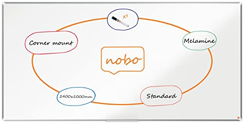 Nobo Melamine Whiteboard, Non-Magnetic, 2400 x 1200 mm, Aluminium Trim, Corner Wall Mounting, Includes Whiteboard Pen, Premium Plus, White, 1915174