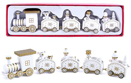 Lifreer Christmas Train Decorations, 1 Pack Wooden Christmas Trains Set Mini Caravan Train with 4 Carriages for Xmas Decorations and Gifts, Xmas Ornaments (White)