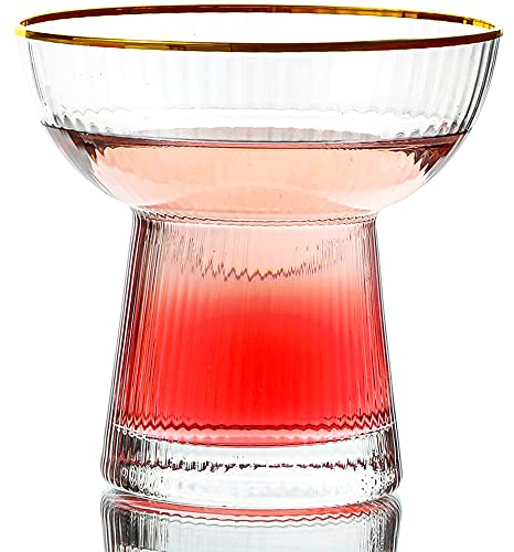 Lysenn Lot de 2 verres à margarita sans pied - Élégants verres à cocktail à rayures verticales - Verres soufflés à la main de qualité supérieure pour martini et boissons mixtes - Bord doré de 300 ml
