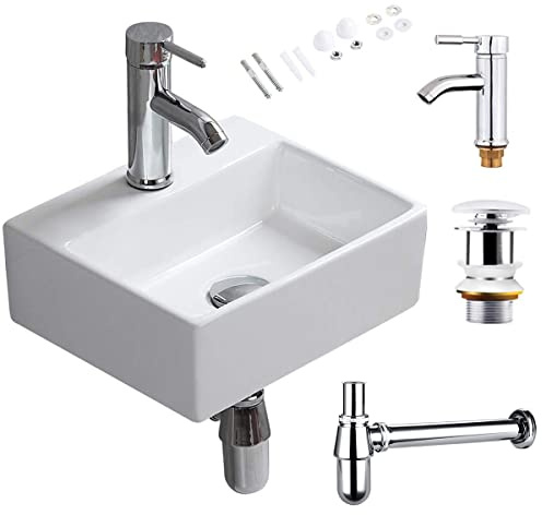 CROSS ZEBRA Rectangle Wash Basin Sink with Tap, Waste, P-Trap Wall Mounted High Temperature Calcination Ceramic Vessel White Simple Design Glossy Surface Easy to Clean for Bathroom Toilet Cloakroom