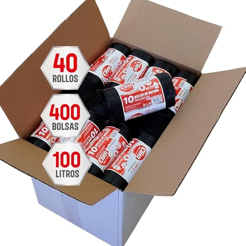 Clim Profesional 400 Bolsas Basura Resistentes 100 Litros. Rollo 10 uds color negro. Caja con 400 Sacos de Bolsas de Comunidad 85x105cm 100 litros
