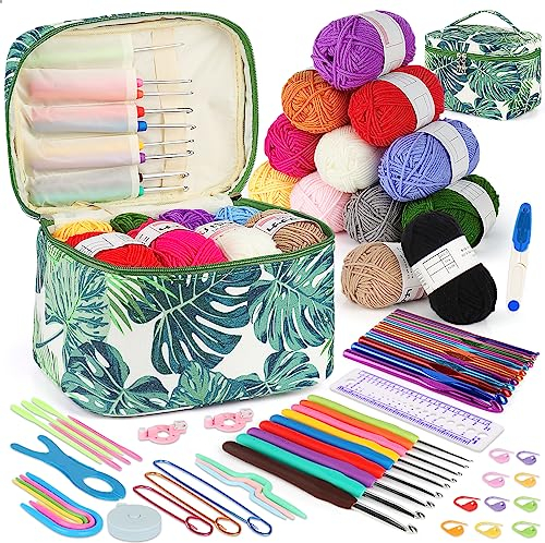 Coopay Häkelnadel Set, Tragbar Häkelset für Anfänger, Bunte Metall Häkelnadel und TPR Häkelnadeln mit Weichem Griff, Häkelnadeln Set mit 12 Garn, Häkeltasche, Zubehör, Reich Anfänger Häkelset