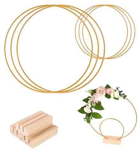 Metallringe zum Basteln 6 Stück Set Metallring mit Fuß, Metallring 10cm 20cm mit Holzständer für den Tisch, Deko Ring mit Ständer für DIY Weihnachtskranz, Hochzeit Kranz, Traum Catcher