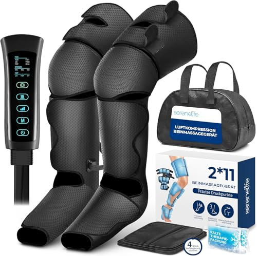 SereneLife Air Compression Bensmassagerare, Full Bensmassagerare med Värme och Kompression, Kylpaket, Bärbar och Justerbar med 6 Läge, 3 Vibrationer, 3 Intensiteter, 11 Luftkuddar