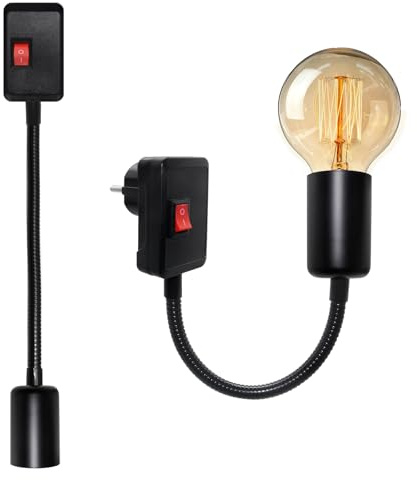 WPQIUZS Portalampada E27 con Presa, 2 Pezzi Porta Lampada Parete E27 con Interruttore e Braccio, Adattatore per Lampada da Muro Interno, 360°Faretto da Parete Convertitore di Lampadine per Cucina