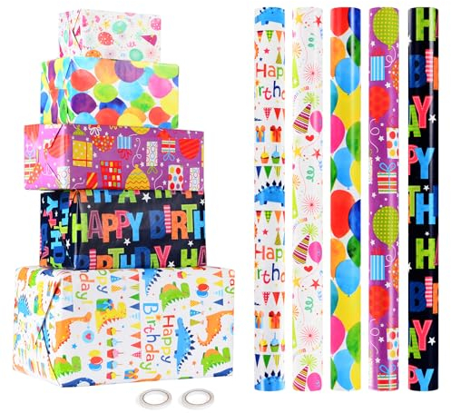 CHEPULA Geschenkpapier Geburtstag Kinder 5 Rollen, 43 cm x 300 cm Geschenkpapierrollen Junge, Recycelbar Geschenk Papier Erwachsene, Birthday Gift Wrapping Paper für alle Geburtstagsanlässe