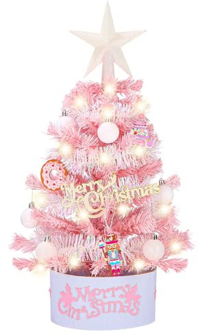 TIDEVAN 60cm Mini Weihnachtsbaum mit Beleuchtung Mini Weihnachtsbaum Rosa Weihnachtsbaum Tisch, Mini LED Weihnachtsbaum Künstlich Kleiner mit Weihnachtskugeln, Glocken, für Indoor Weihnachtsdeko