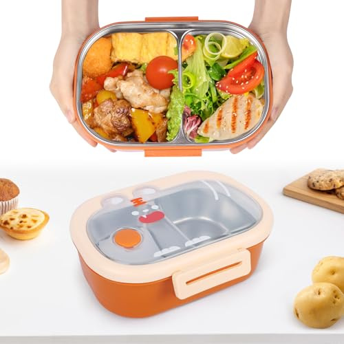Minicoco Bento Lunch Box, Stainless Steel Bento Box with 2 compartments, Heavy Duty Thermal Lunch Box Portable Lunch Box Stackable Leakproof Bento Box, Thermal Box for Hot Food (Orange)