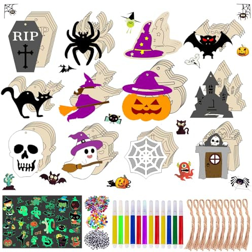 Lot de 60 pendentifs en bois pour enfants - Décoration d'Halloween - Décoration d'Halloween