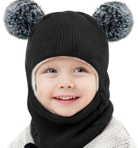 Casenly Cagoule Bébé, 3 en 1 Chapeau et écharpe de Bébé d'hiver Chaud Cache Oreilles Chapeaux Bonnet Bebe Casquette et Écharpe Masque Tricoté Enfant Double Pompon Cagoule pour Fille Garçon, Noir
