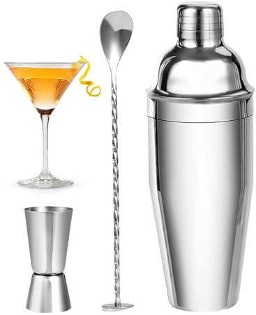 Juego de coctelera de 750 ml, juego de tres unidades, a prueba de fugas, fácil de limpiar, con batidora, cuchara con mango largo, vaso medidor, adecuado para bares, tiendas de leche, cafés y casas