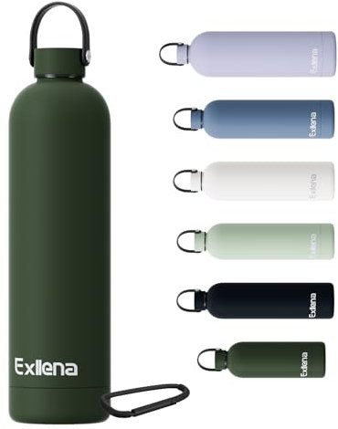Exllena Gourde Isotherme 1l avec Poignée Pratique - Bouteille Isotherme avec 24 Heures de Conservation au 24h Froid/12h Chaud, Revêtement Anti-Dérapant - Étanche Sans BPA (Vert Varech)