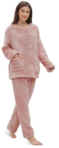 Friendumo Set pigiama da donna in pile corallo, abbigliamento da notte per la casa, morbido pigiama da donna a due pezzi a maniche lunghe e pantaloni caldi pigiama con tasche, rosa, L