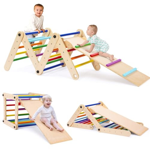 Triangle de Pikler Montessori, Parcours Motricité Bébé, Cadre d'escalade Intérieur avec 20PCS Barre d'escalade, Rampe Double Face pour Grimper & Glisser, Air de Jeux Enfant pour Enfant de 1 an+