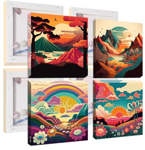 Jawecci Peinture par Numéros Paysage avec Cadre, Lot de 4 Toiles Montagne Kit Créatif pour Enfants à partir de 8 ans et Adultes, Peinture Acrylique DIY Décoration Murale 20x20cm