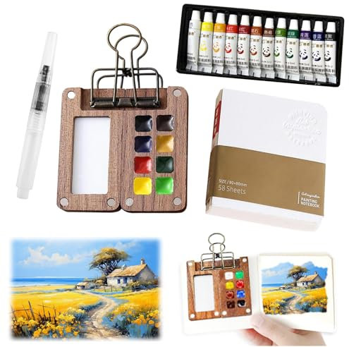 Pocket Artist Watercolour Travel Set,8 Grids Wooden Travel Paint Palette,Watercolour Sketchbook,Mini Portable Watercolor Palette Set with Metal Clip,Watercolor Pen,Gift for Painters and Artists