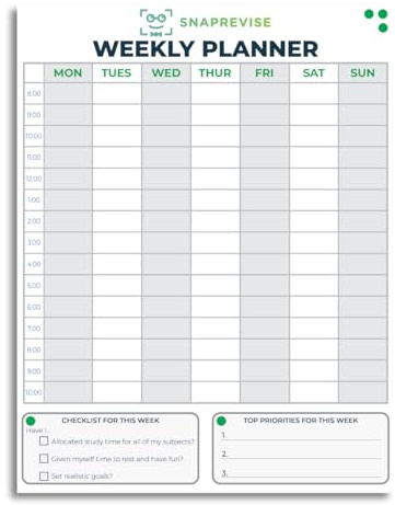 SnapRevise Planificateur d'étude hebdomadaire – Bloc détachable A4 pour GCSE et niveau A – 36 feuilles de planification hebdomadaire avec objectifs, emploi du temps et suivi des progrès