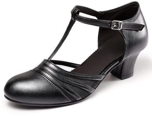 ARCLIBER Women's Ballroom Character Shoes Leather Pumps Ankle Strap 1.55 Modern Dance Heels for Latin Size 5.5 Black