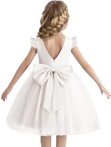 Adigau Robes Demoiselle d'honneur Enfants Filles Robe Cérémonie en Satin Tulle Robes de Soirée Doux Robe de Mariage Princesse A-Ligne Blanc 2-3 Ans