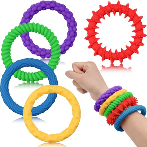 NiToy 5-Pack Rainbow Colors Silicone Stretchy Bracelet Fidget Toys for Kids, Textured Design Sensory Chew Toys for Anxiety Relief and Focus, Wearable Stress Relief Band Toys for Toddlers and Children