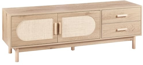 Mueble TV de aglomerado con Patas de Madera Frente de ratán Estilo Boho marrón Claro Costello