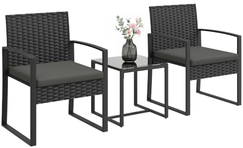 Outsunny Salon de Jardin Extérieur en Résine Tressée 2 Personnes Noir | Table de Jardin Extérieure avec 2 Chaises, Plateau en Verre Trempé et Coussins, Mobilier pour Balcon Terrasse Patio