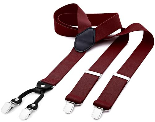 DonDon Bretelle uomo larghe 4 clips in pelle a y - elastiche e regolabili, Rosso bordeaux