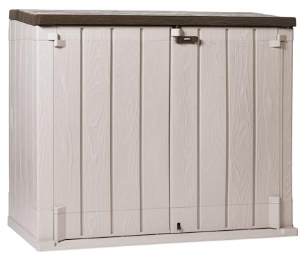 TOOMAX Stora Way Plus XL Baule da 1270L portattrezzi effetto legno grigio talpa/marrone in plastica resistente 145x85x124,5h, porta bidoni spazzatura, chiusura a chiavistello, ideale per giardino