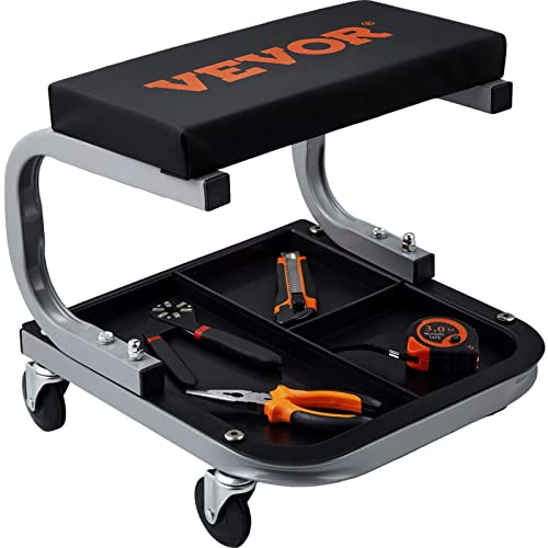 VEVOR Sgabello da Meccanico per Riparazione Manutenzione da Garage Officina per Auto Veicoli Ruote Girevoli Capacitò Carico da 113kg, Sgabello con Portautensili 36 x 36 x 36 cm Seduta in Materiale PU