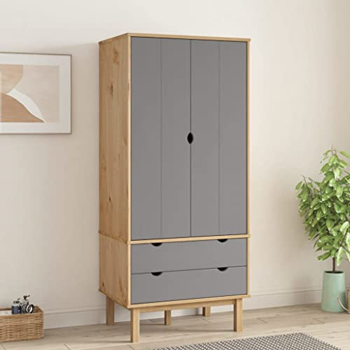 INLIFE Kleiderschrank Braun Grau 76,5x53x172 cm Massivholz Kiefer,Grau,40.5KG,348589