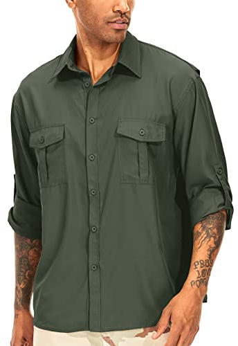 yeyity Camicia da uomo a maniche lunghe, per il tempo libero, UPF50+, protezione UV Safari, ad asciugatura rapida, funzionale, per escursioni, pesca, trekking, Amy Grün 5065, L