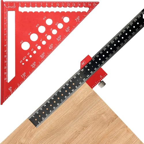 Feete Zimmermannswinkel Set, Professionelle 300mm Streichmaß und 180mm Metrisches Dreieckslineal, Lineal schieben Holzbearbeitung Kombination Quadrat präzisen Anreißen & Zeichnen (Red)