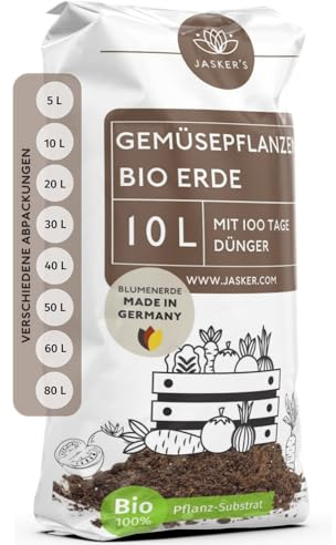 JASKER'S Bio Gemüseerde & Hochbeeterde für Gemüse 10 L - Bio Erde für Gemüsepflanzen mit 50% weniger Torf - Pflanzenerde mit organischem Dünger - Universalerde - Pflanzerde Gemüse, BLU-HGE-1001